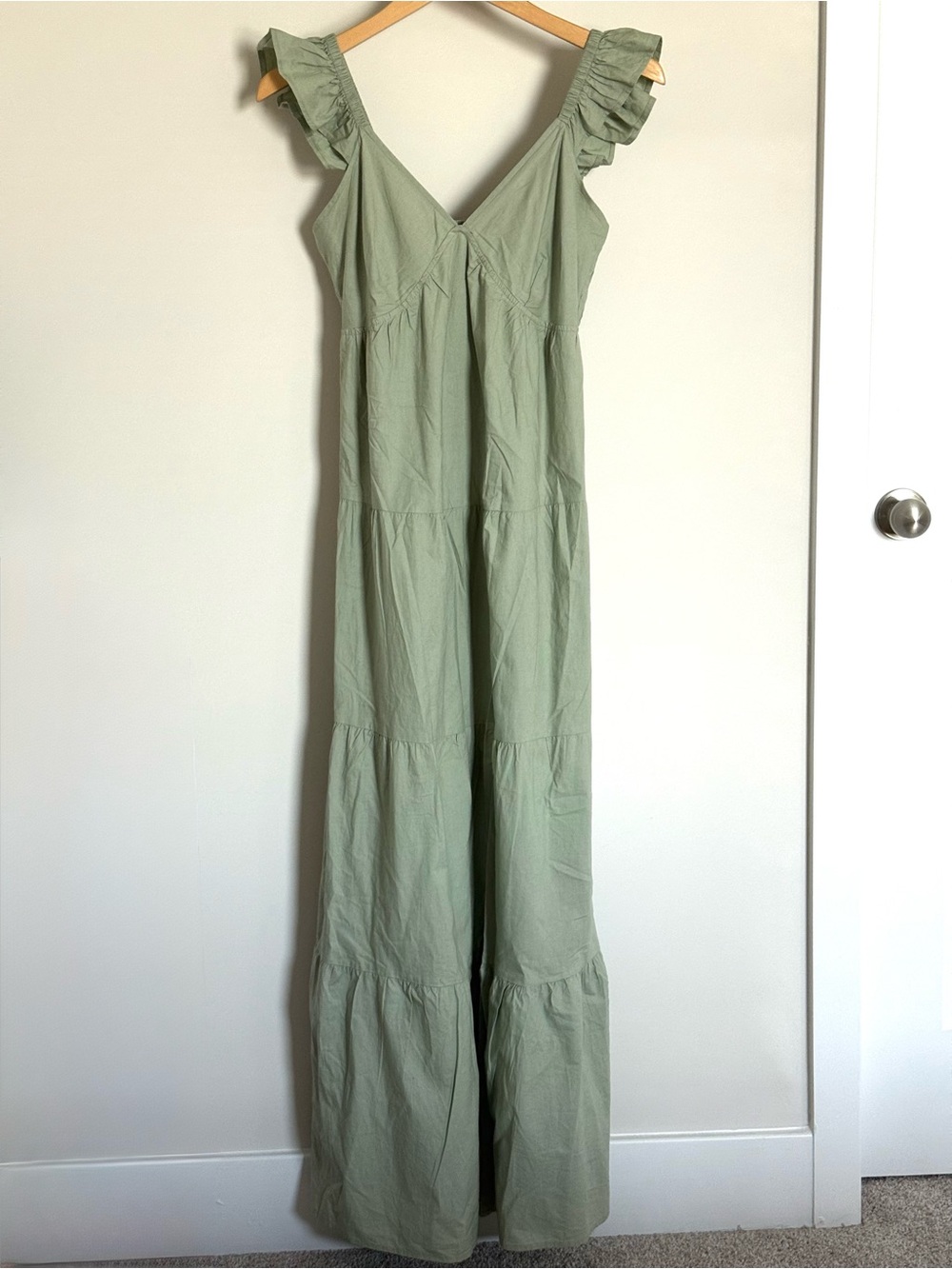 NWT Sim & Sam Sage Green Flutter Sleeve Tiered Maxi Dress 100% Cotton Large